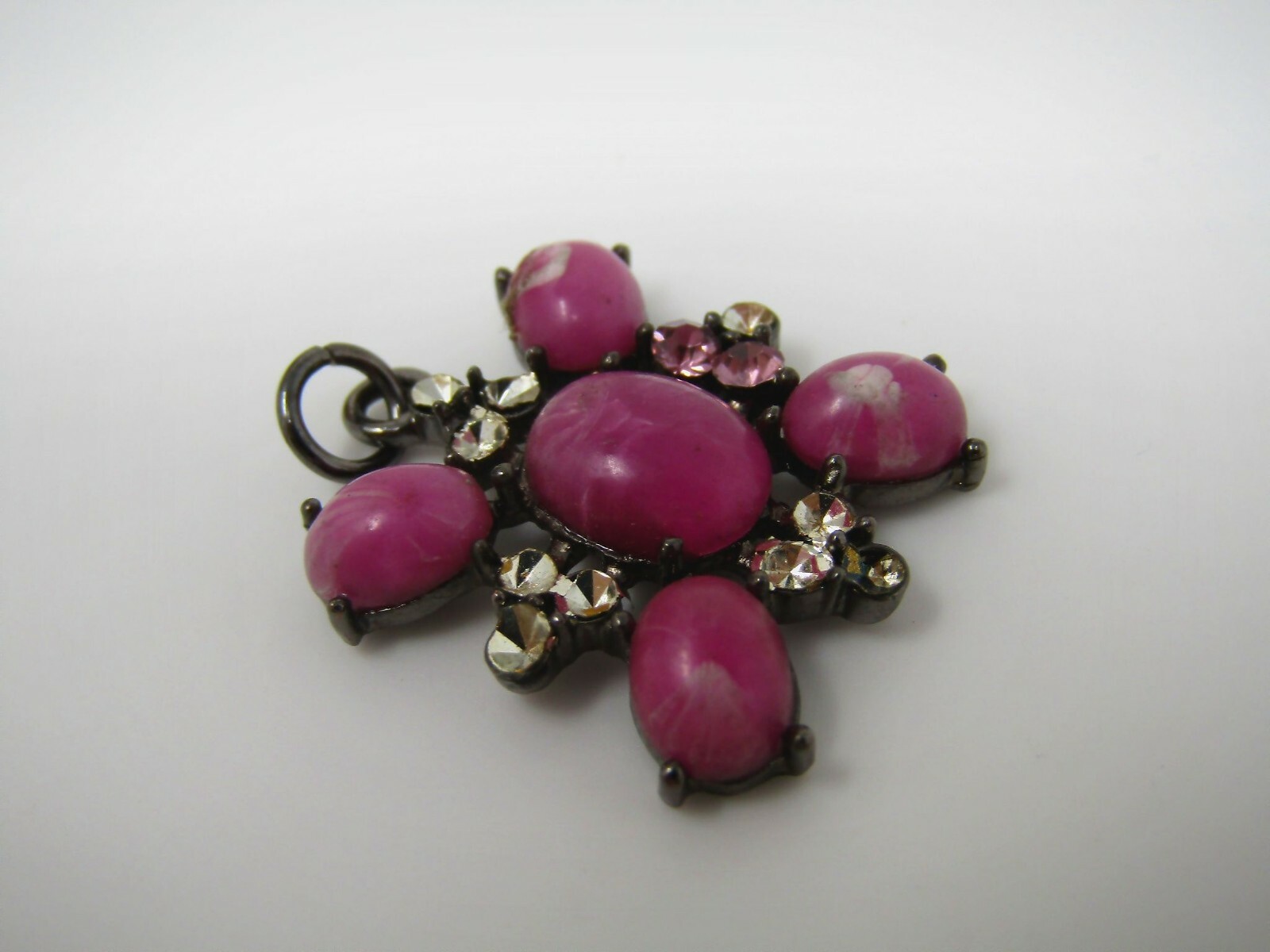 Vintage Pink Marbled Glass Flower Pendant Rhinestone Accent Gunmetal Tone
