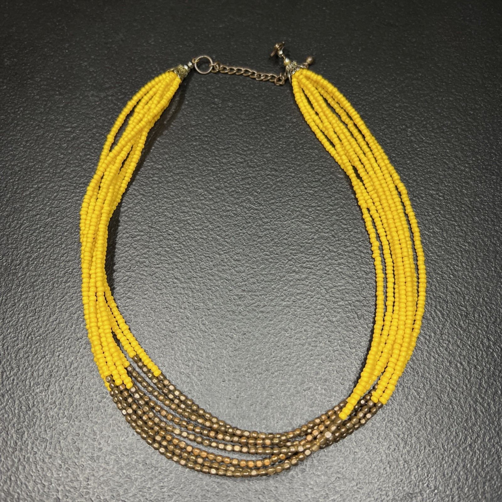 Vintage Brass-tone Yellow Glass Sead Bead Necklace Multistrand 21″