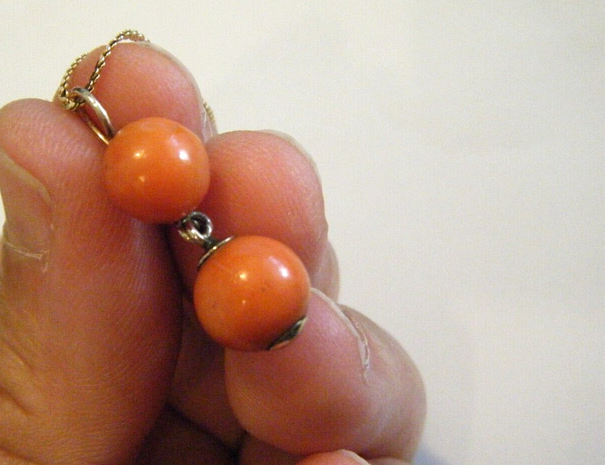 Antique Edwardian 10K Gold Salmon Coral 8 and 9mm Drops Pendant 2.7g