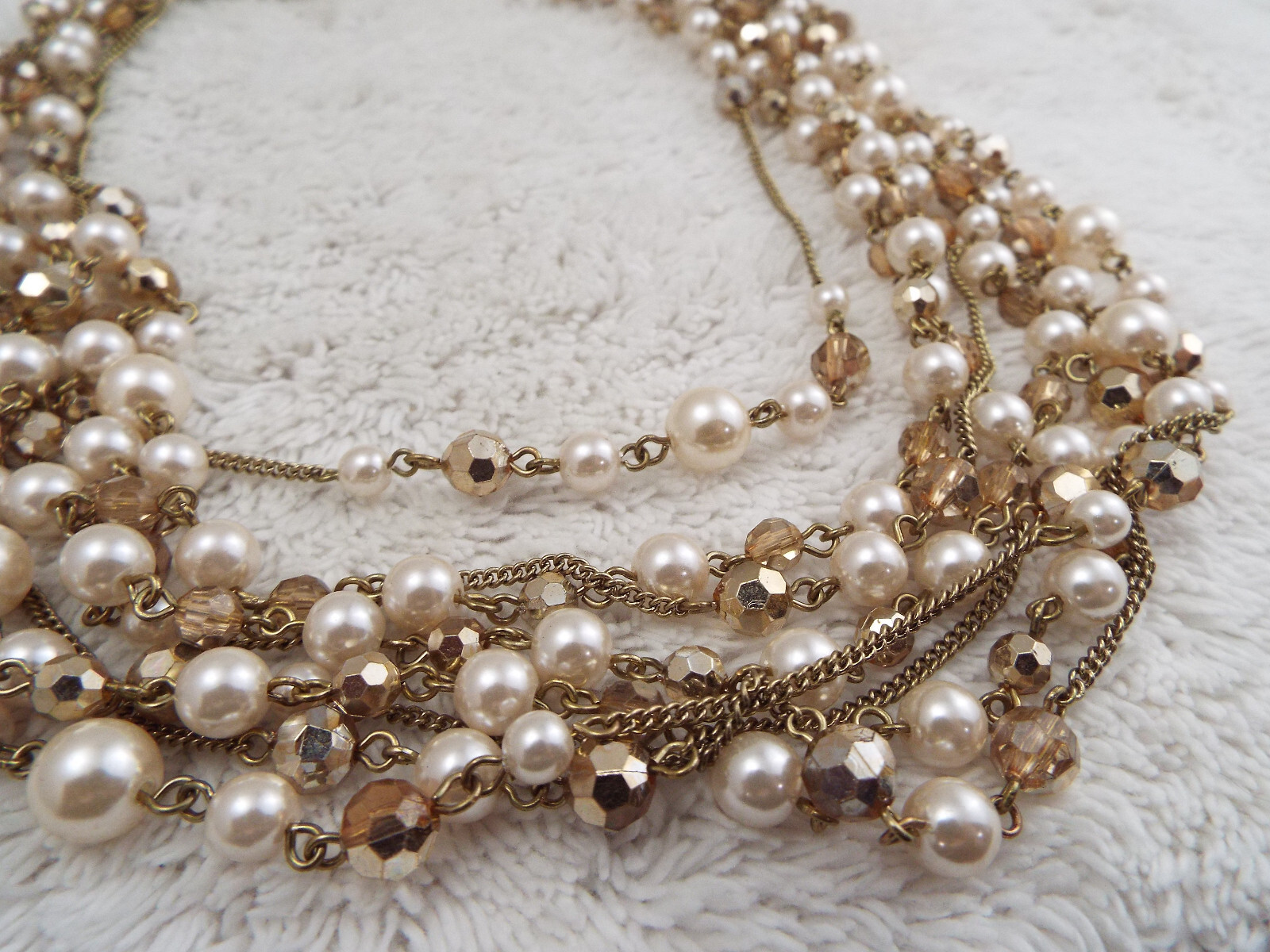 Goldtone Champagne White Bead Multi Chain Necklace (D15)