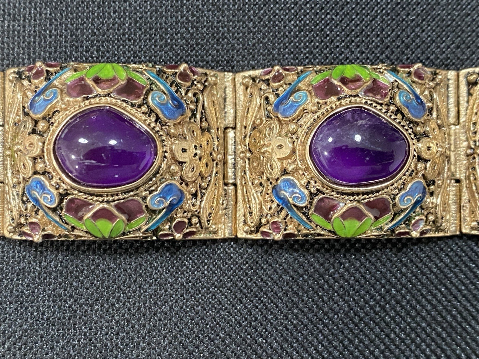 Amy Kahn Russell AKR Enamel & Amethyst Stone Cabochon Bracelet &Earrings Floral