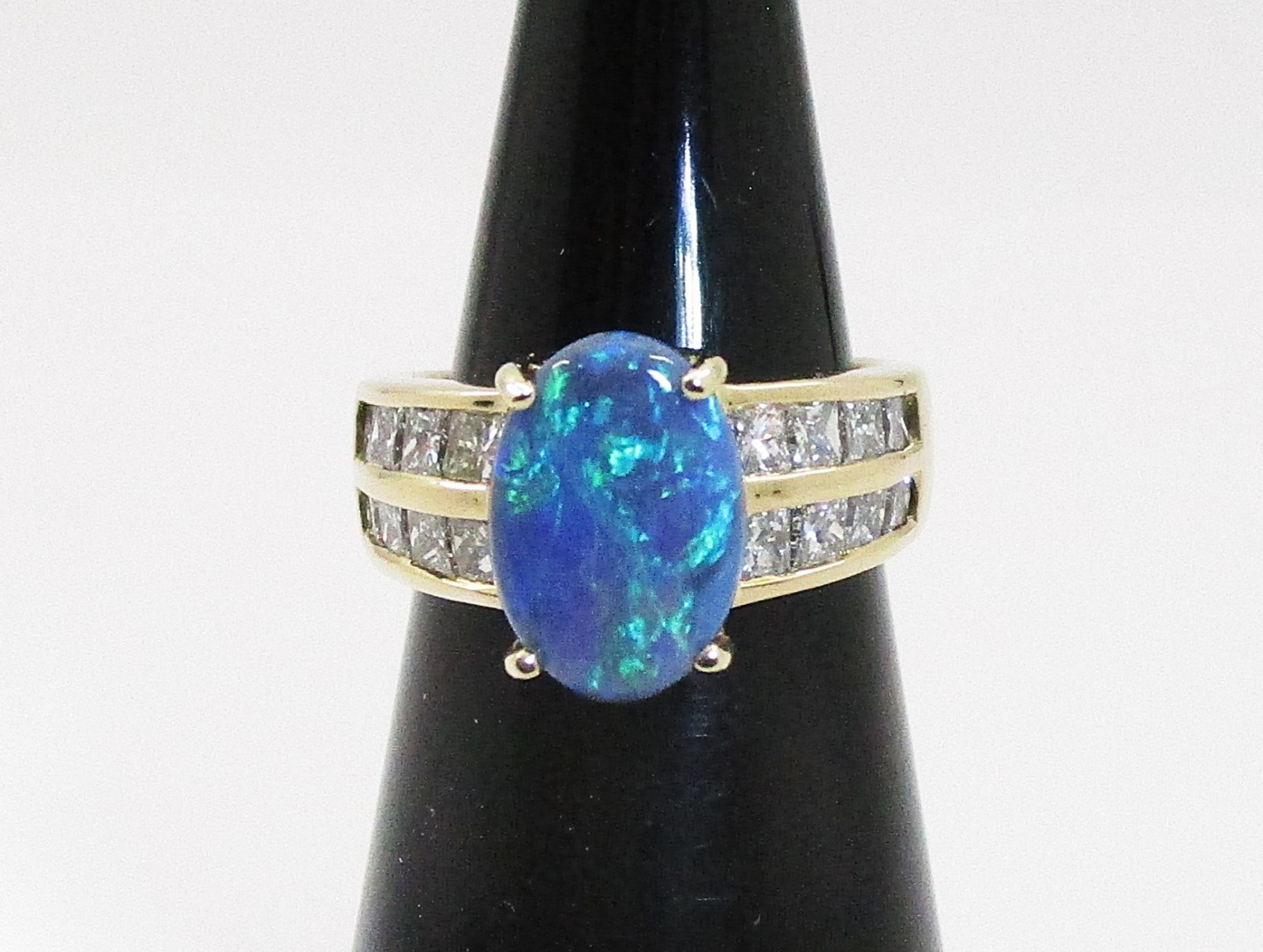 1.52CT Black Opal 0.88CTW Princess Cut Diamond Ring 14K Yellow Gold Size 4