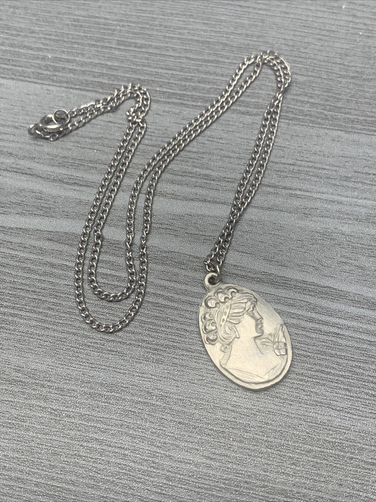 Vintage Pewter BDA First Cameo Hand Engraved Pendant Necklace 18”