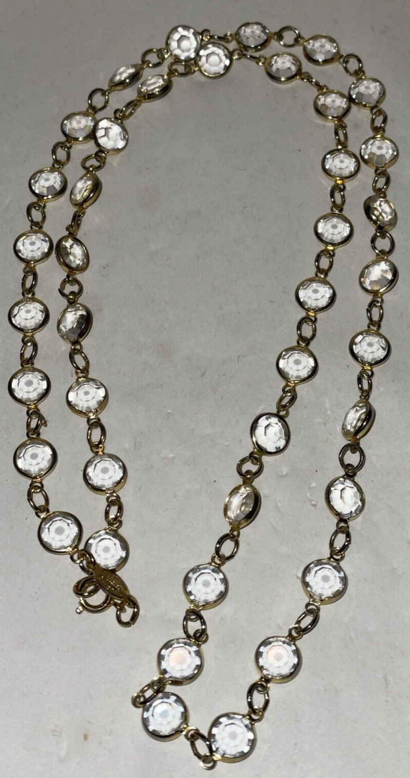 Vintage Signed Rafaelian Austrian Crystal Bezel Gold Tone Chain Necklace USA