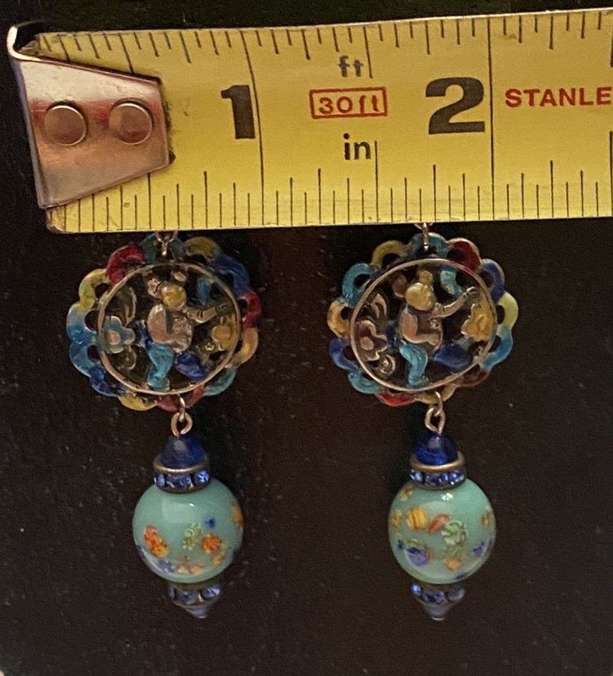 Vintage Asian Themed Colorful Ronde Bosse Enamel Art Glass Rhinestone Earrings