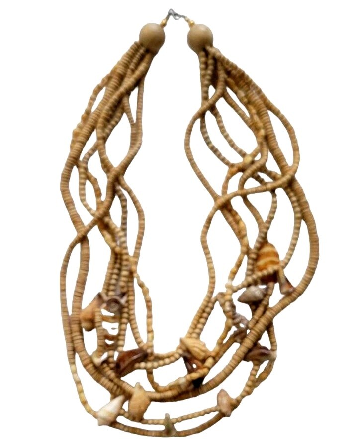 Sea Shell & Hand Carved Wood Bead Multi 7 Strand Necklace Unique Ocean Jewely