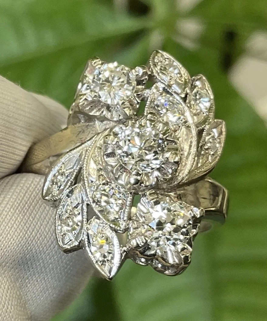 ANTIQUE RETRO NATURAL OLD EUROPEAN CUT DIAMOND COCKTAIL RING 14K WHITE GOLD
