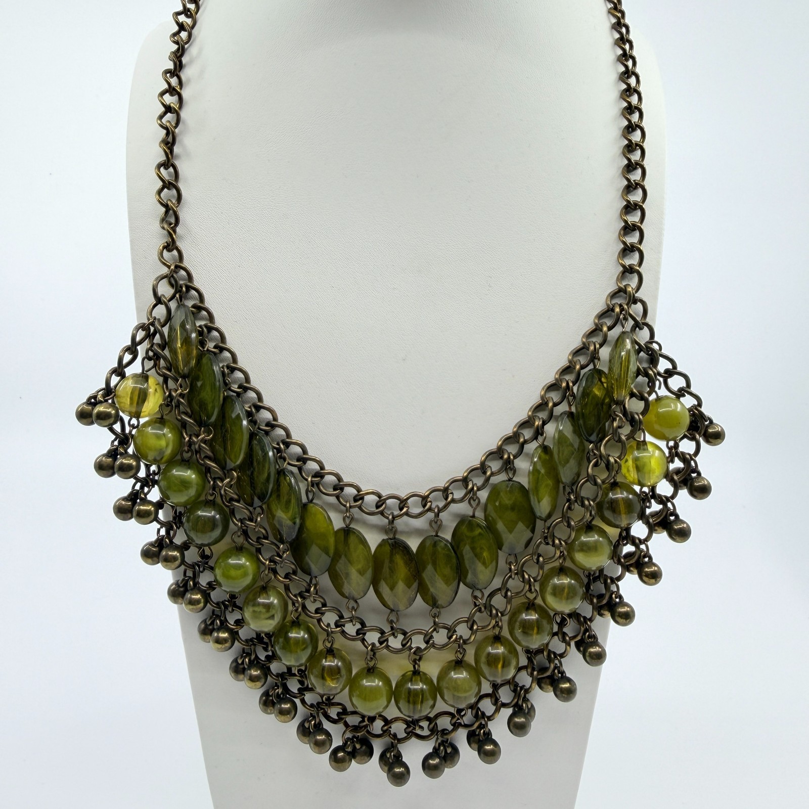 Vintage Bronze Tone Multi Strand Bib Necklace Chunky Statement Green Bead Boho
