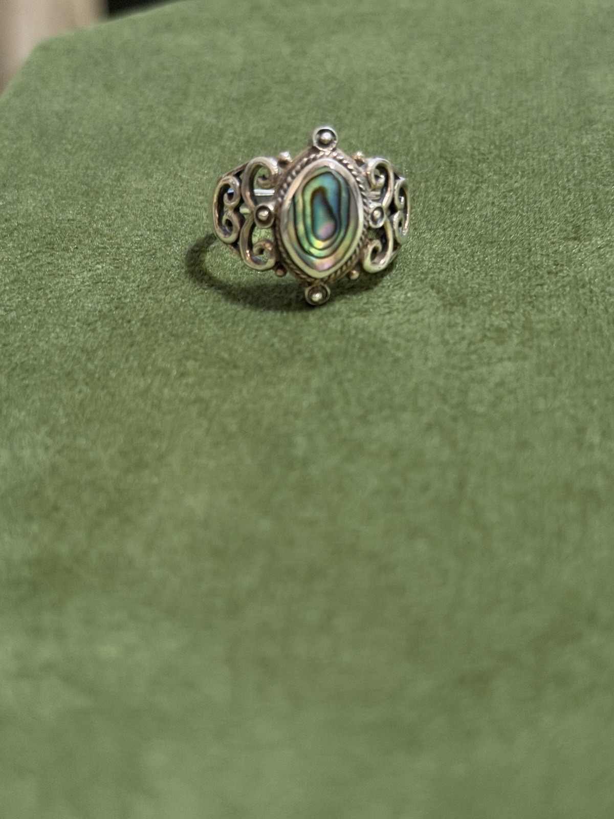 Vintage Bali Filigree Abalone Shell Ring Sterling Silver 925 Marquise