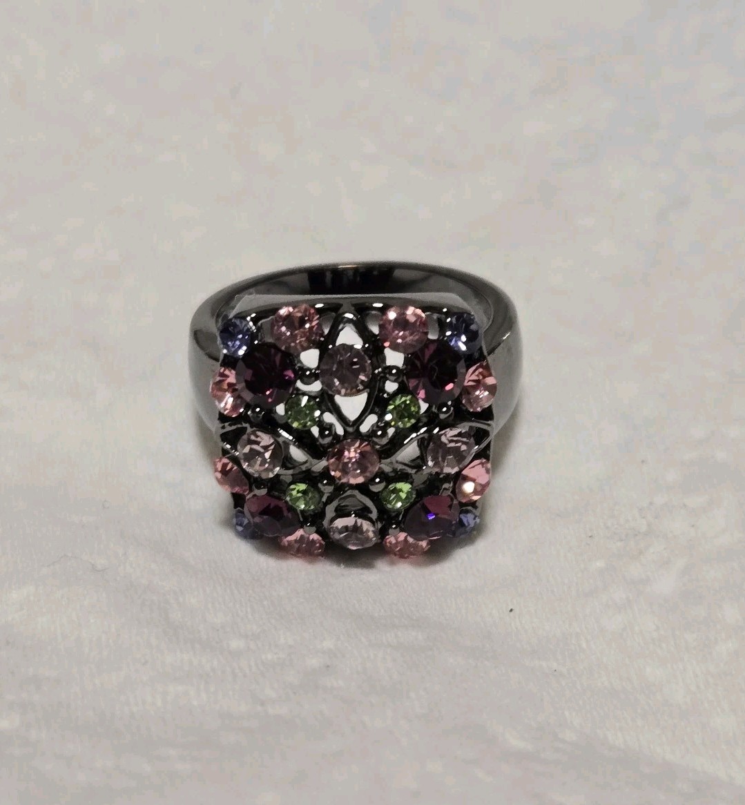 Gunmetal Pink Purple Colorful Rhinestones Ring Size 6.75″