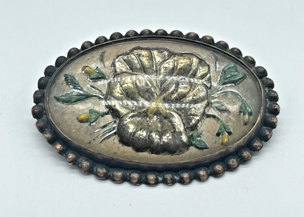 Antique Victorian Goofus Glass Iridescent Pansy flower Brass c-clasp brooch