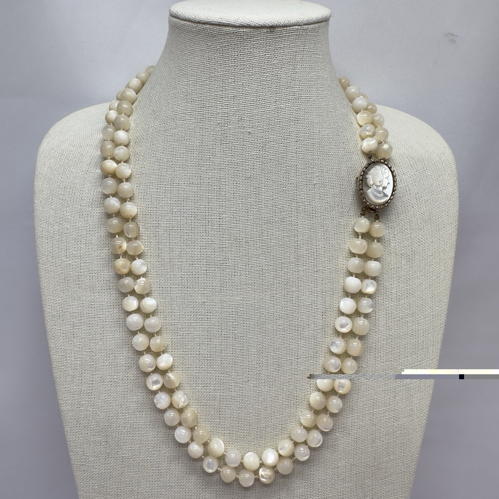 Vintage Mother of Pearl Cameo Clasp MOP Beaded Necklace Double Strand 8mm