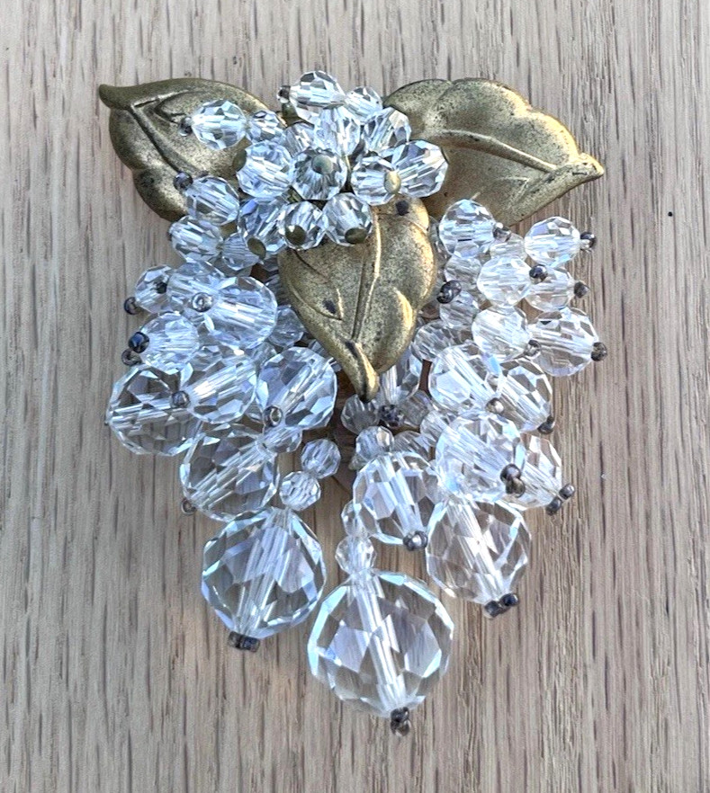 Antique 1930s Fur Dress Clip Brooch Clear Glass Cut Beads Grape Cluster Leaves