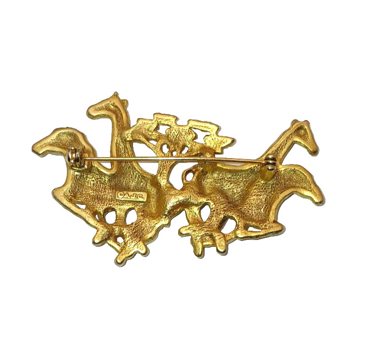 Vintage AJC African Safari Animals Giraffe Zebra Brooch Pin Brushed Gold Tone