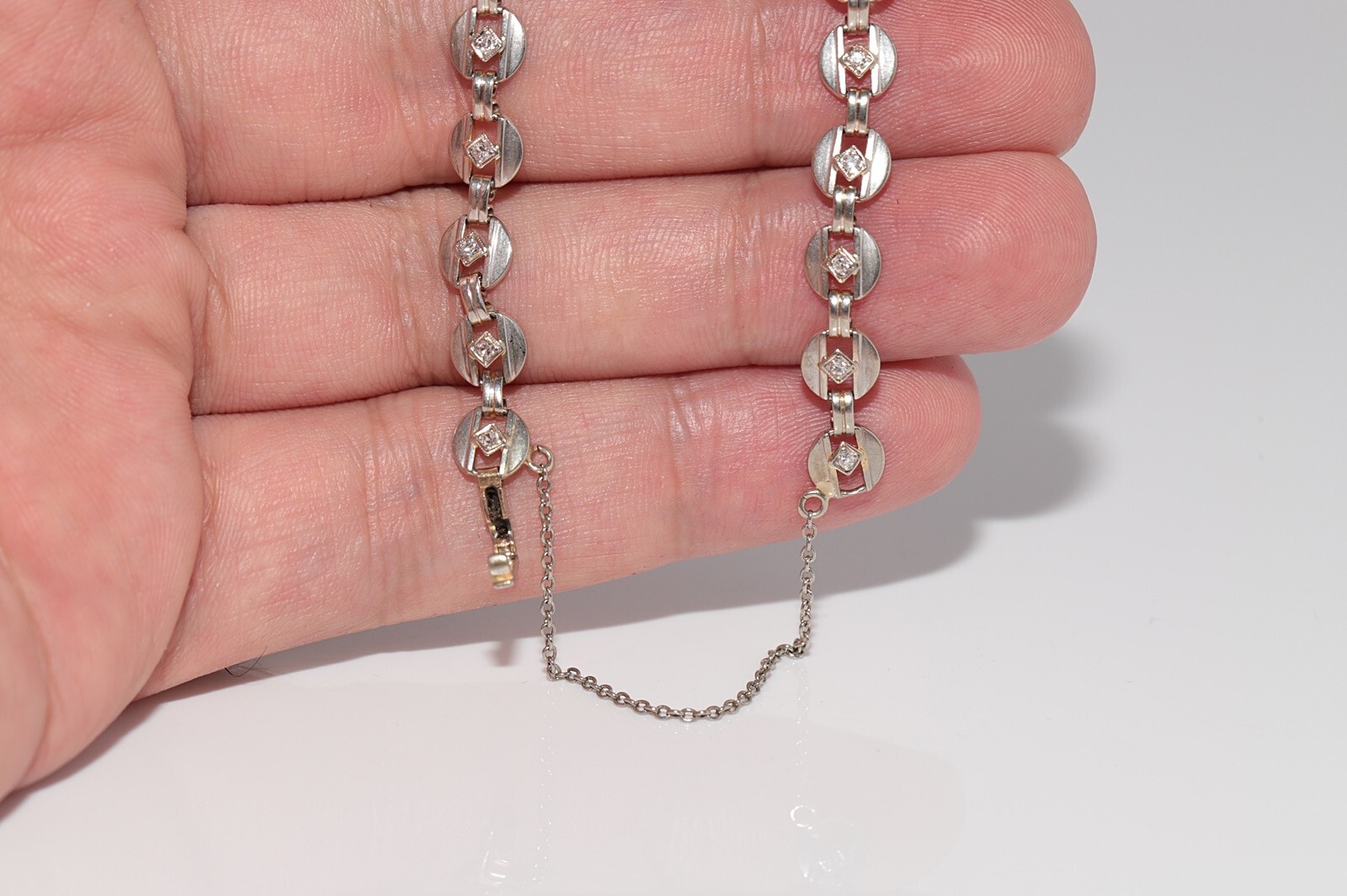 Antique Circa 1920s Art Deco 14k Gold Natural Diamond Decorated Tennis Bracelet