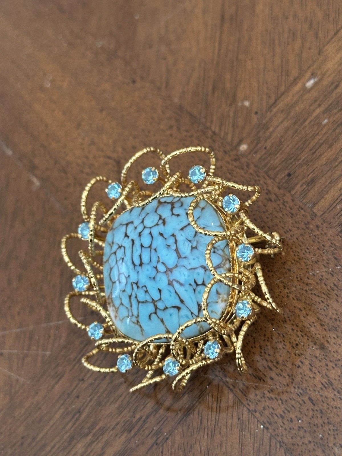 Vintage Faux Turquoise Cabochon Rhinestone Brooch/Pendant Gold Tone Nice!