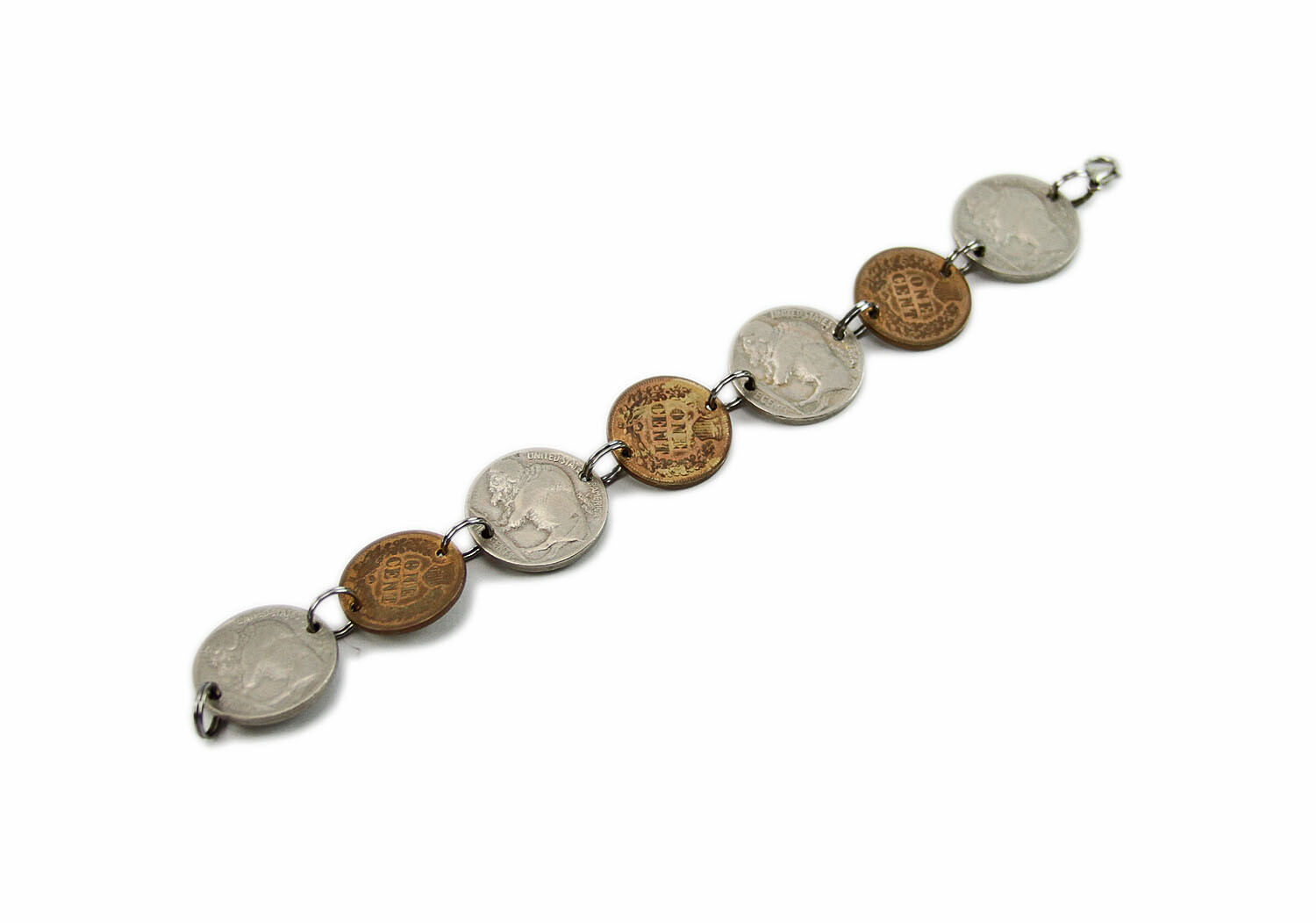 Vintage Antique 6.5″ Indian Head Penny, Buffalo Nickel Coin Jewelry Bracelet
