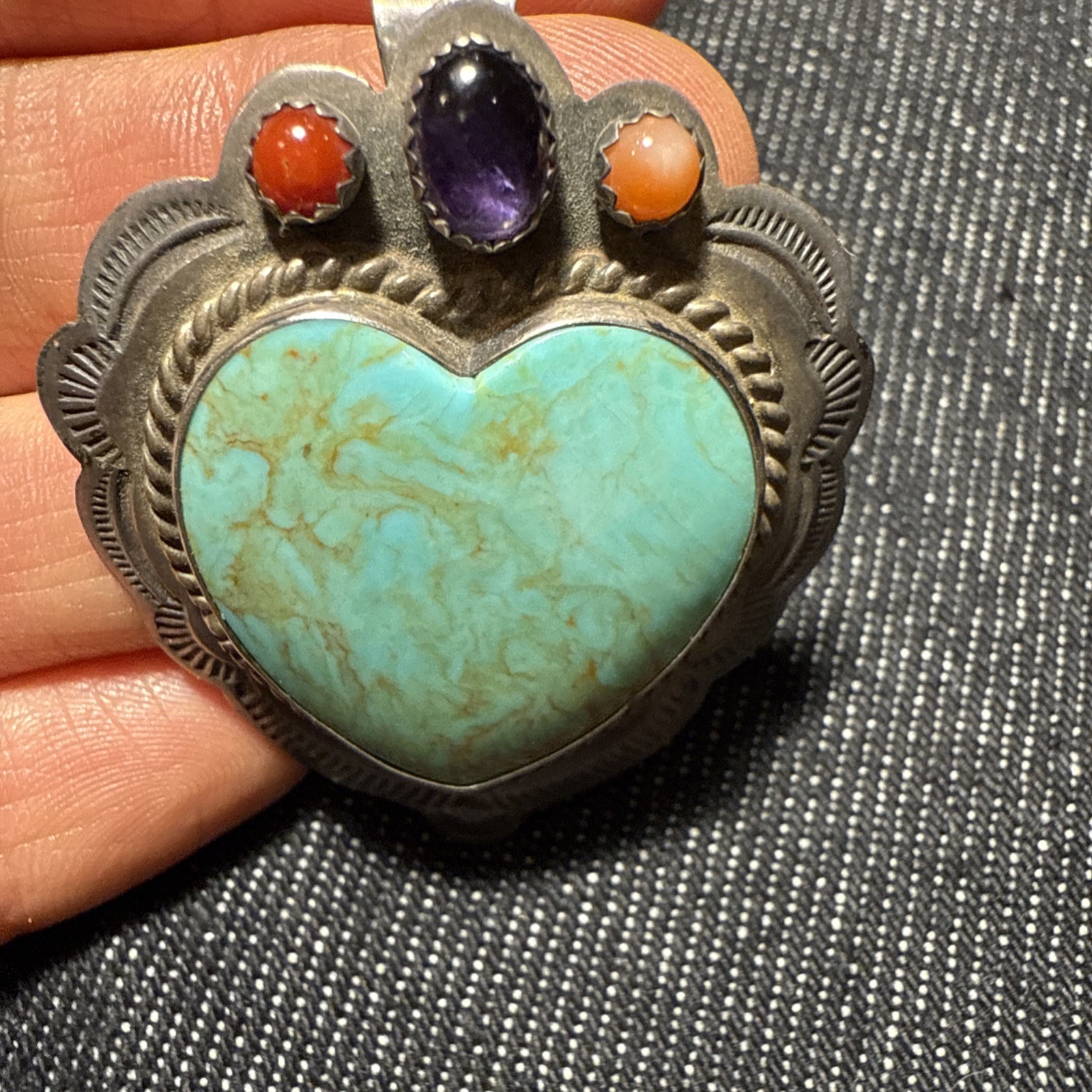 CM Gems Sterling Silver Turquoise Heart Removable Bail Pendant Brooch Spiny