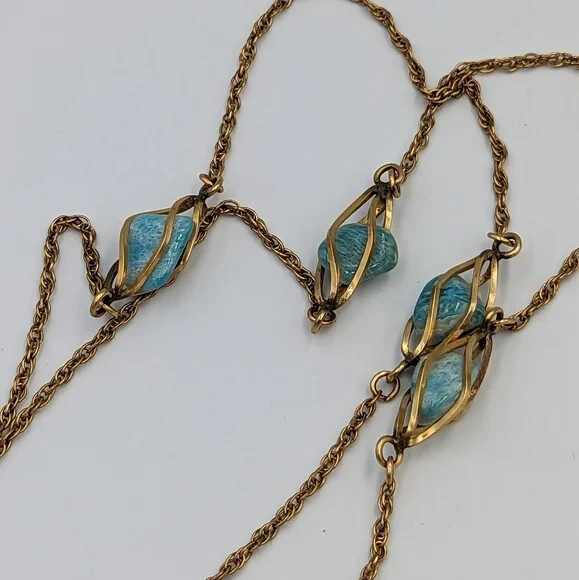 Vintage 12K Gold Filled Caged Polished Nuggets Blue Beryl Stations Necklace