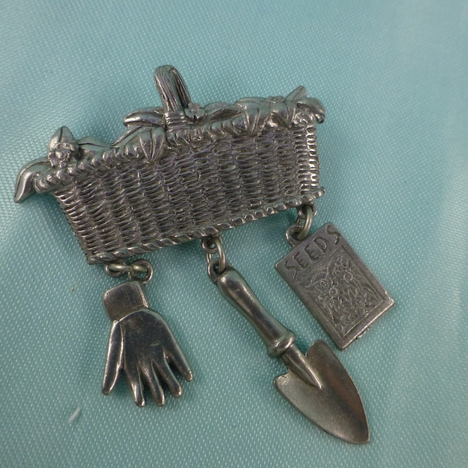 Pewter Gardening Basket Pin Brooch Signed CLIFT Flowers Dangles Seeds Gardener