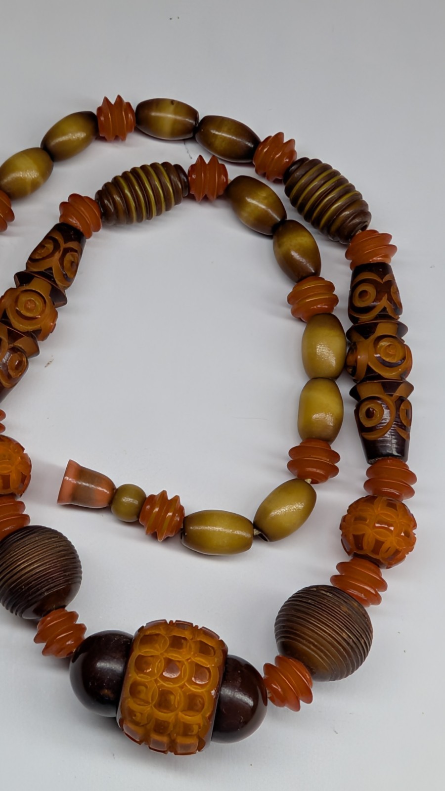 Antique Art Deco intricately carved celluloid bead necklace in Fall colors