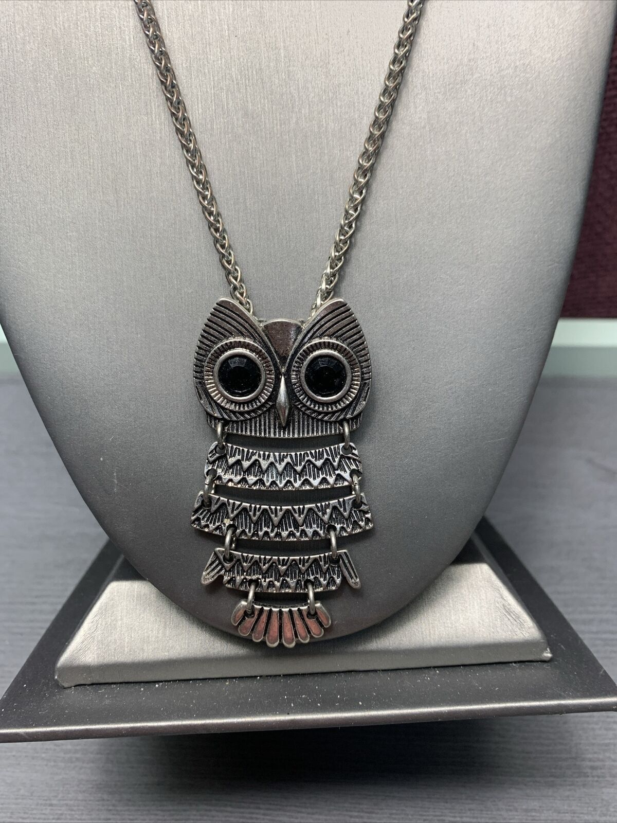 Vintage articulated, owl, rhinestone eyes wheat link chain, Pendant Necklace 24