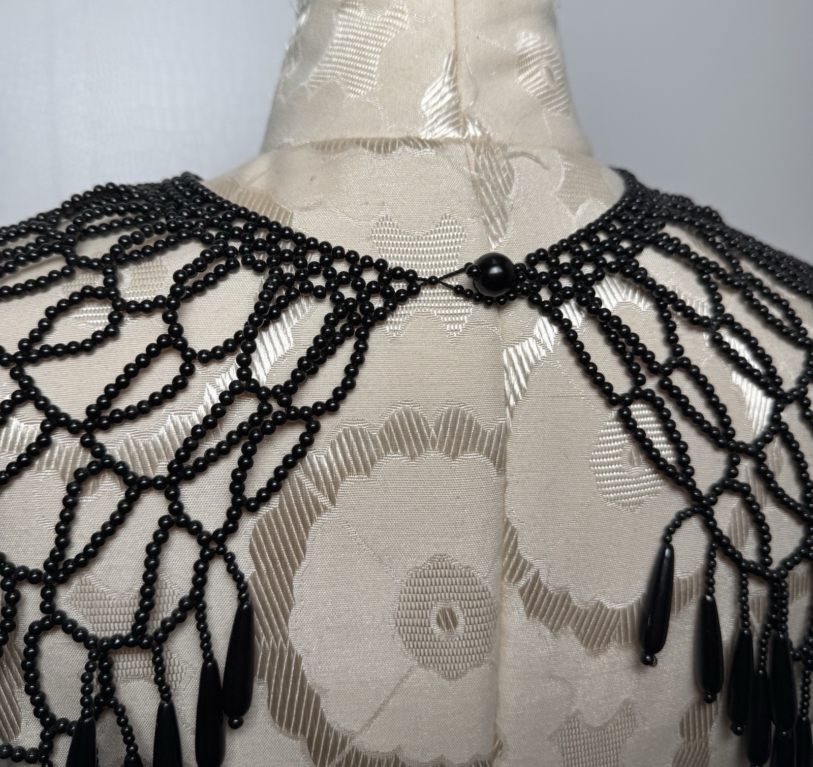 Vintage Black Beaded Collar Necklace Fringe Bib Capelet Statement Festival