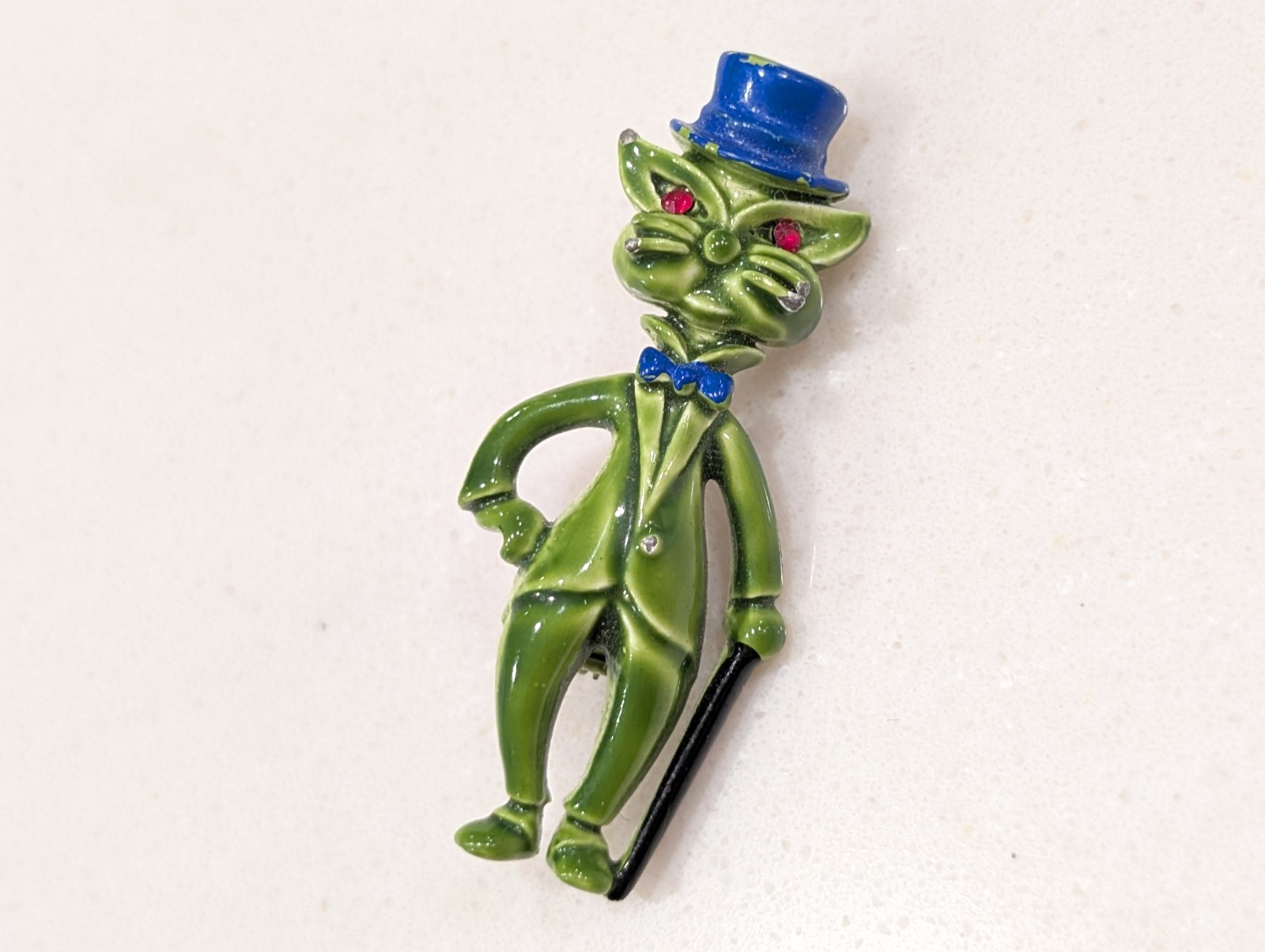 VTG Green Cat w/ Blue Top Hat Red Rhinestone Eyes & Cane Enamel RARE Brooch Pin