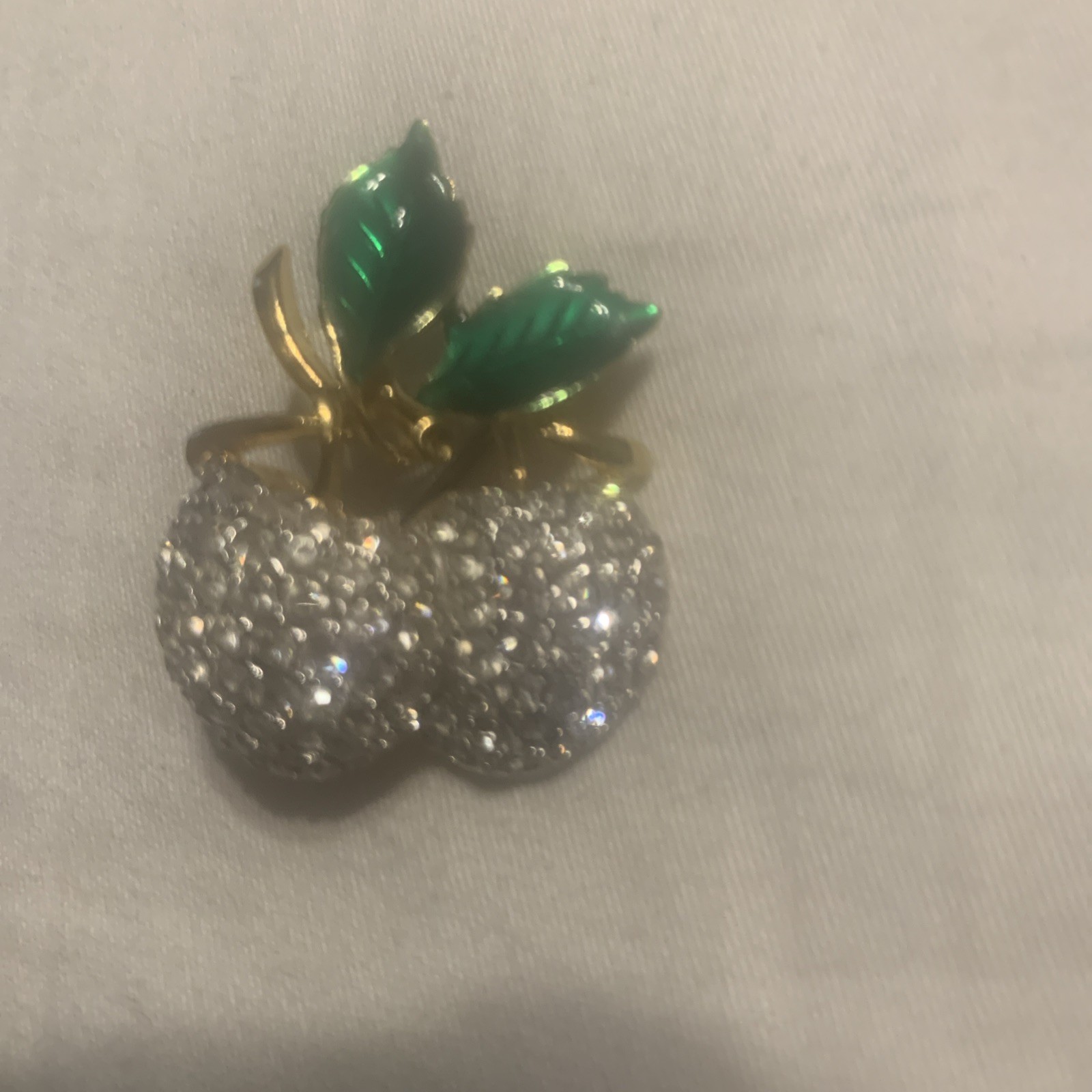 Vintage Rhinestones Apples Brooch Pin Marked AC Green Enamel Leaves Gold Tone