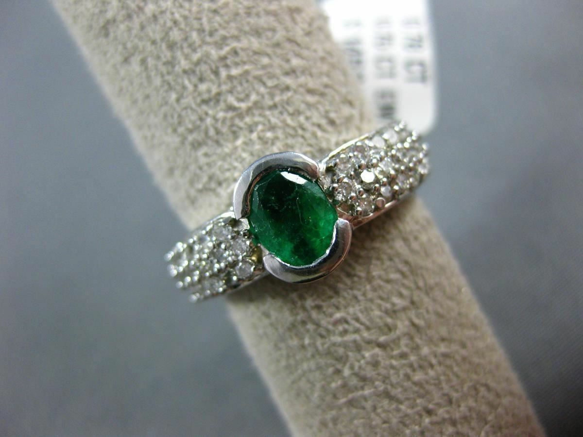 ESTATE 1.53CT DIAMOND & EMERALD 14KT WHITE GOLD OVAL SEMI BEZEL ENGAGEMENT RING