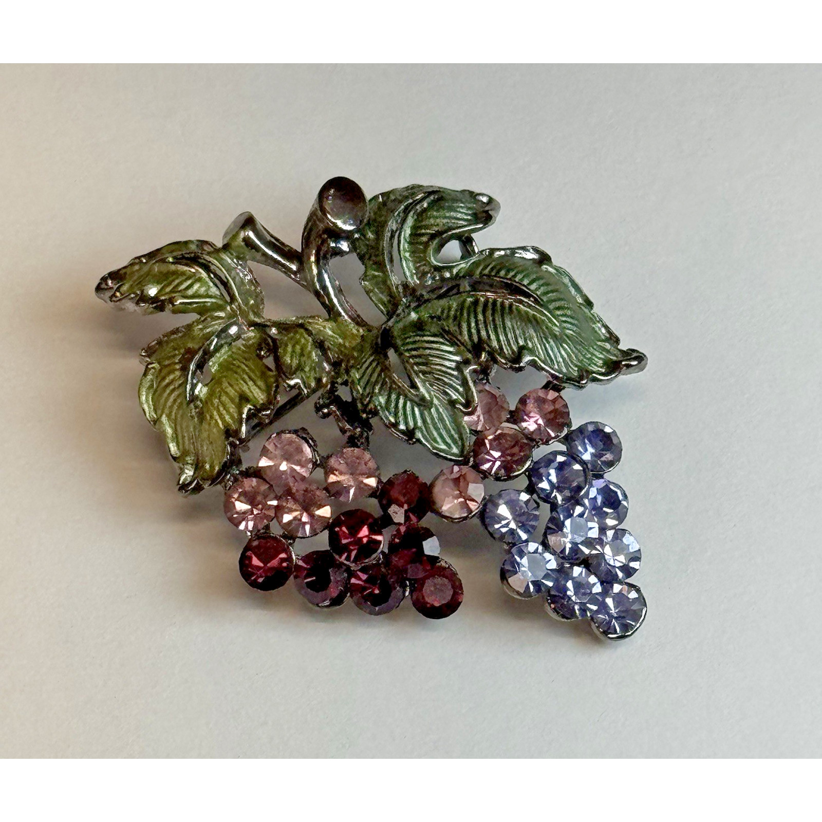 Vintage Grape Cluster Brooch Pin Purple Red Pink Rhinestones Green Leaves