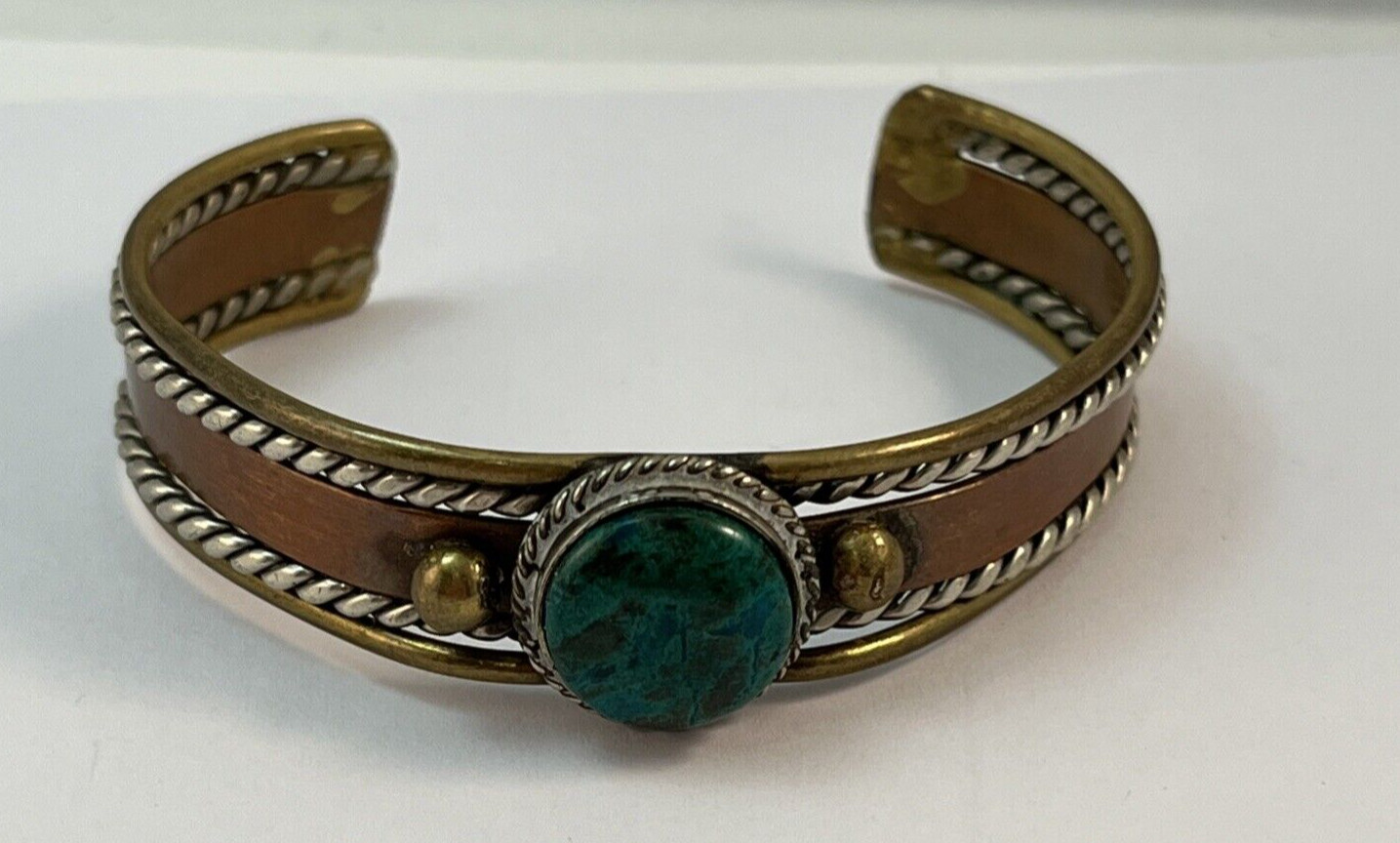 Copper Brass Silver Mixed Metals Green Malachite Cuff Bracelet Rustic READ