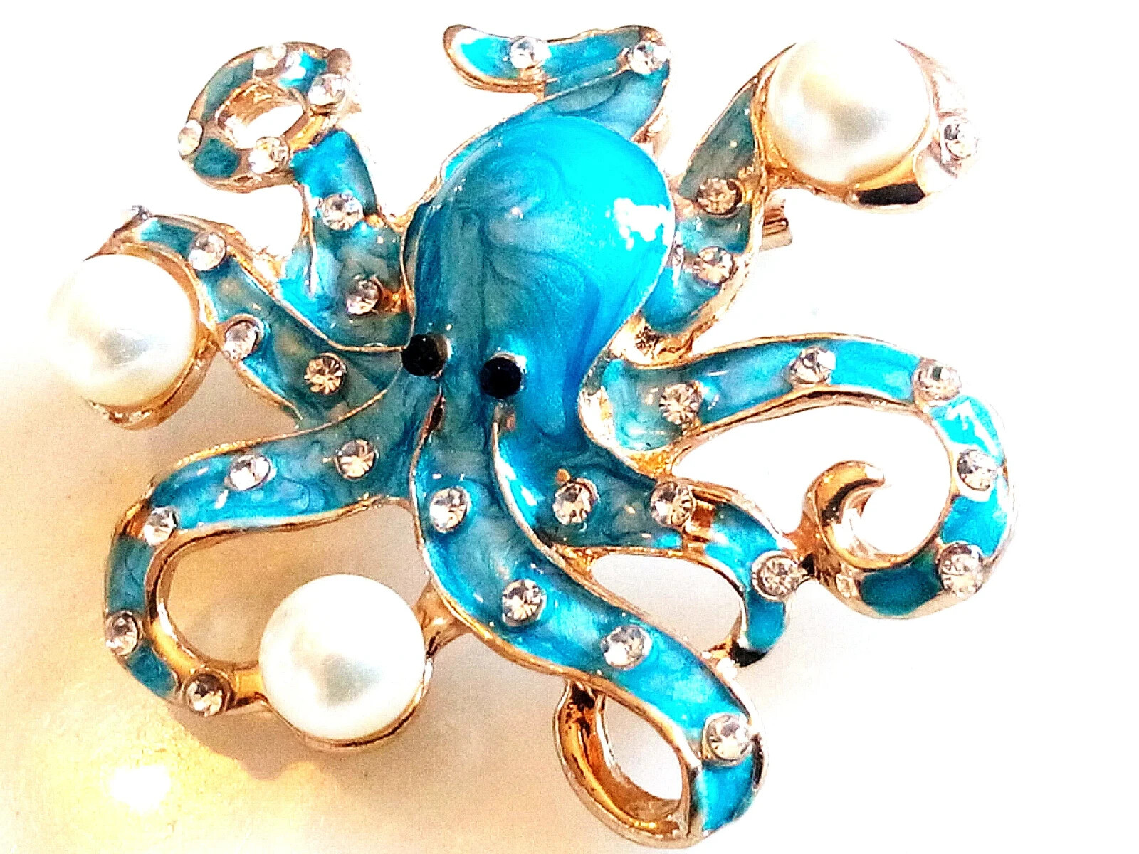 ENAMELED OCTOPUS BROOCH/PENDANT!Blue Enameled, Clear Crystals, Imitation Pearls