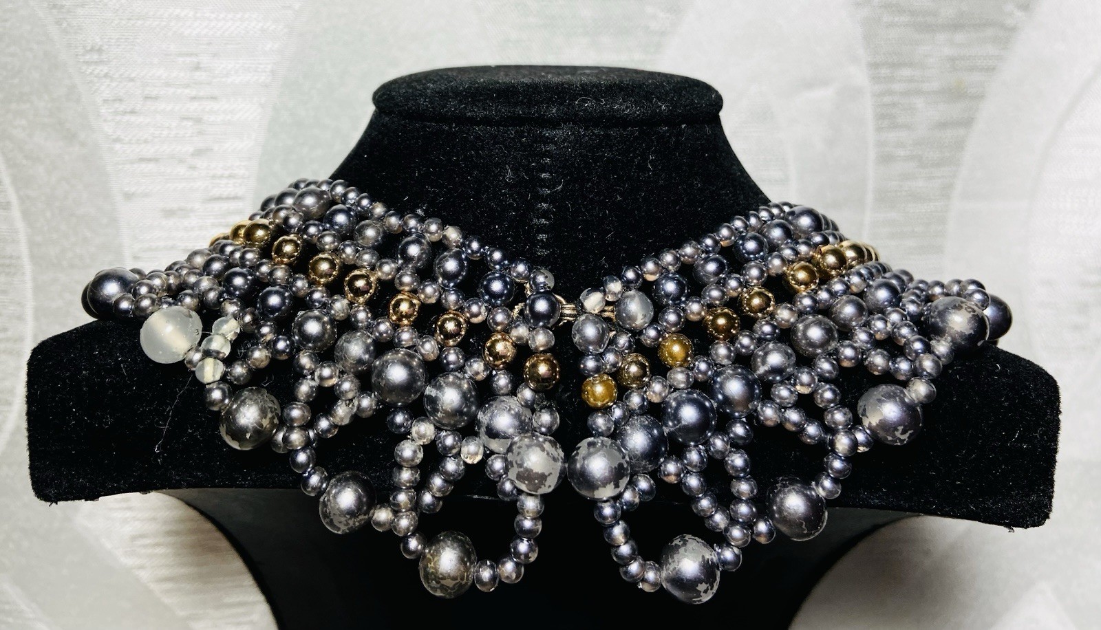 Vintage 1960s Hand Knotted Beaded Collar Necklace Gray Gunmetal Gold Tone Bib