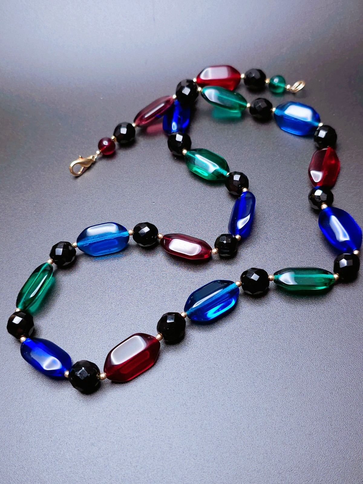 Vintage 1930s Czech Art Glass Necklace Blue & Clear Faceted Beads Handmade