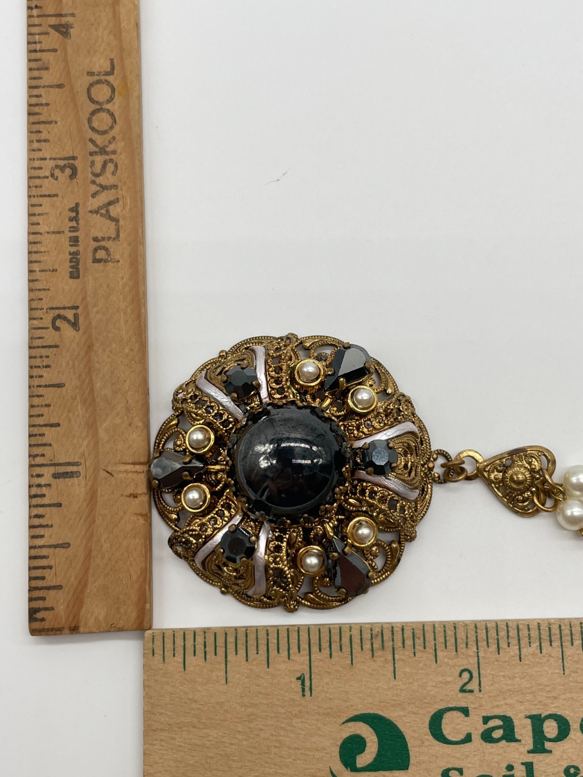VTG W. Germany Ornate Hematite Glass Cabochon Gold tone brass filigree necklace