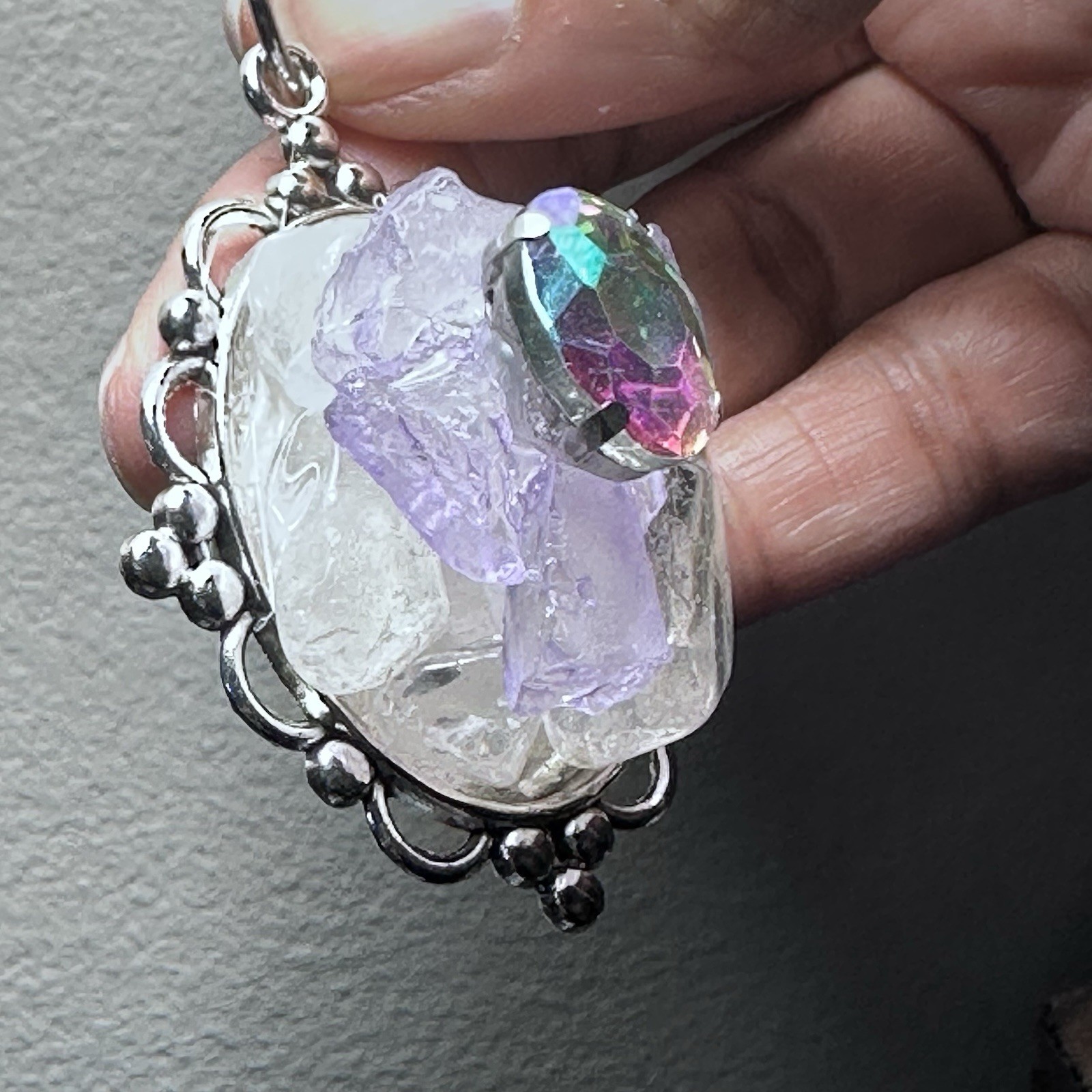 ARTISAN QUARTZ PENDANT GLASS BEADED COLLAGE NECKLACE HANDMADE STATEMENT OOAK