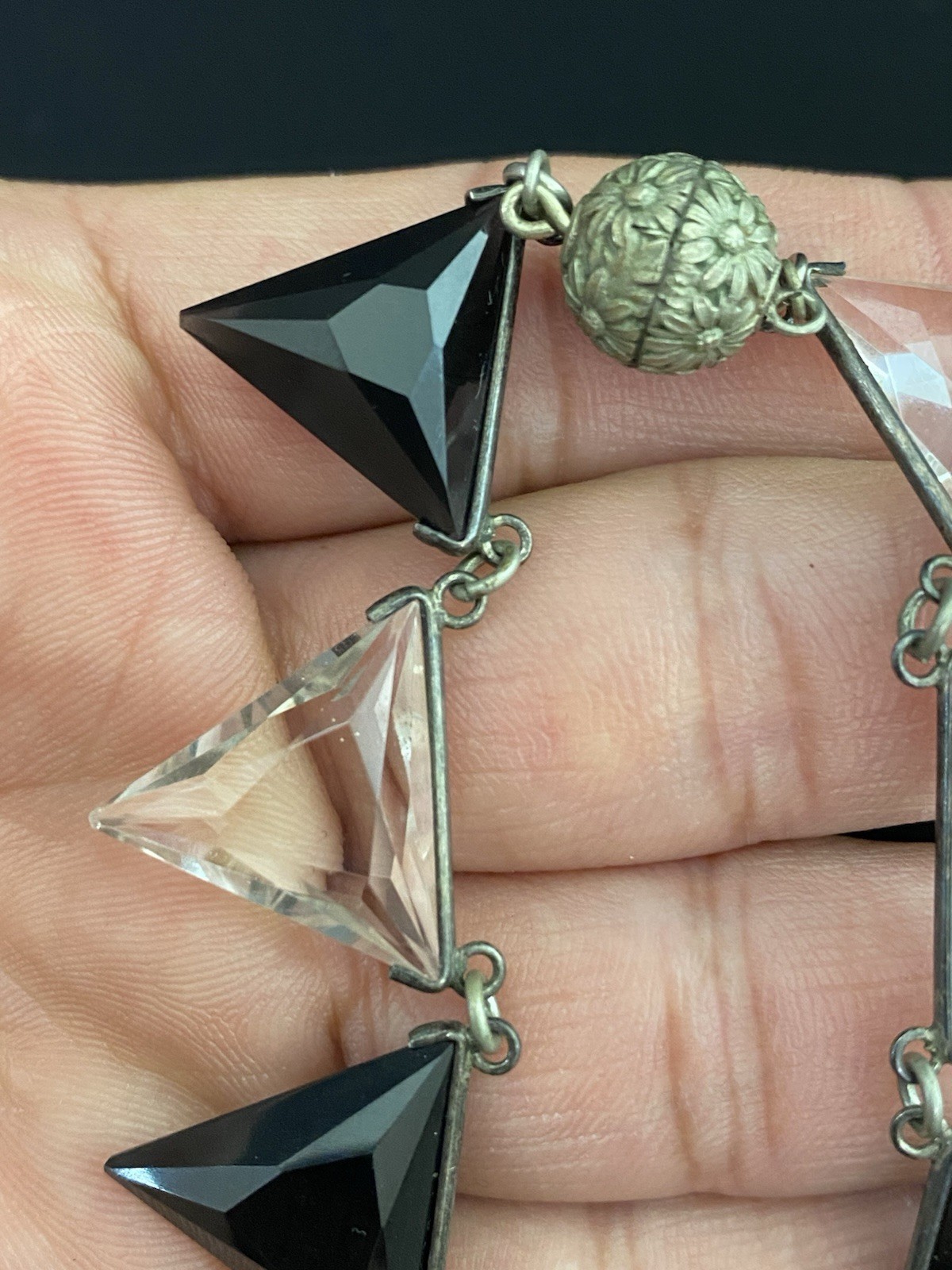 Art Deco VTG Silver Tone Trillion Cut Clear & Black Rock Quartz Choker Necklace