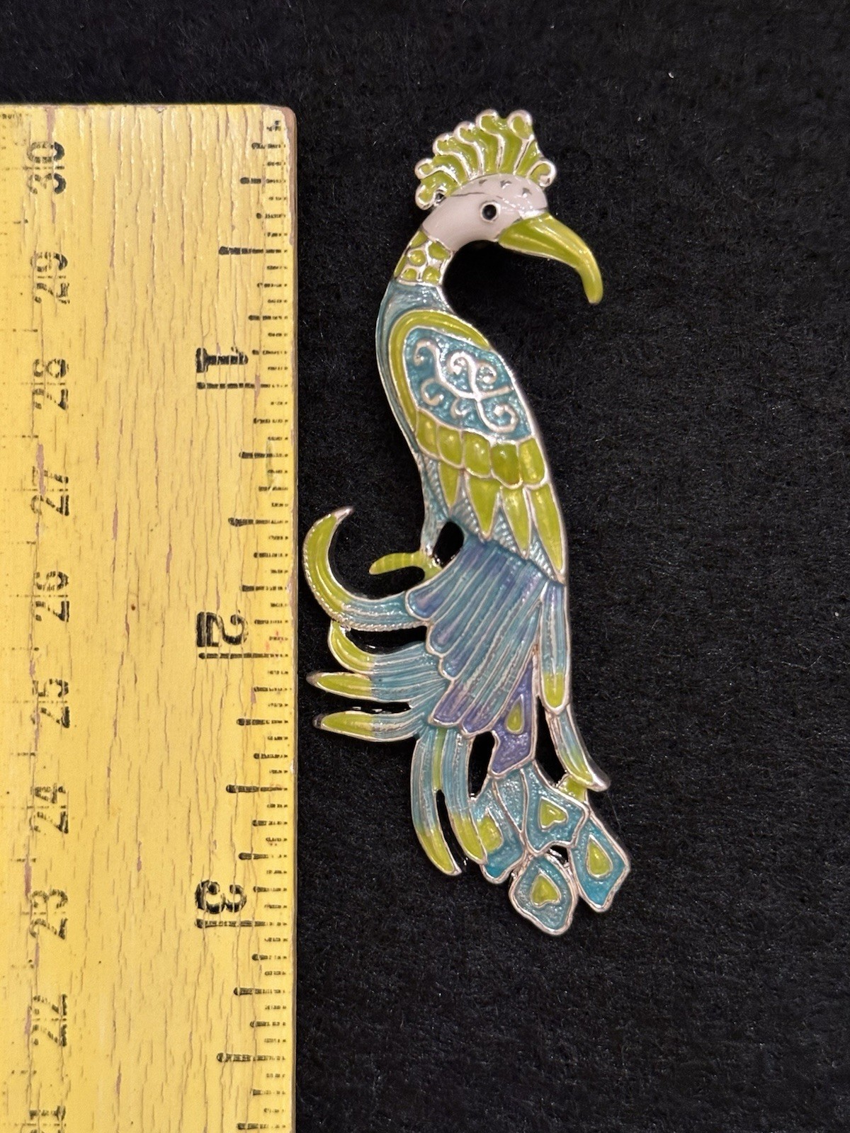 Vintage Enamel Blue and Lime Green Bird Of Paradise Brooch Pin Pendant Signed MJ