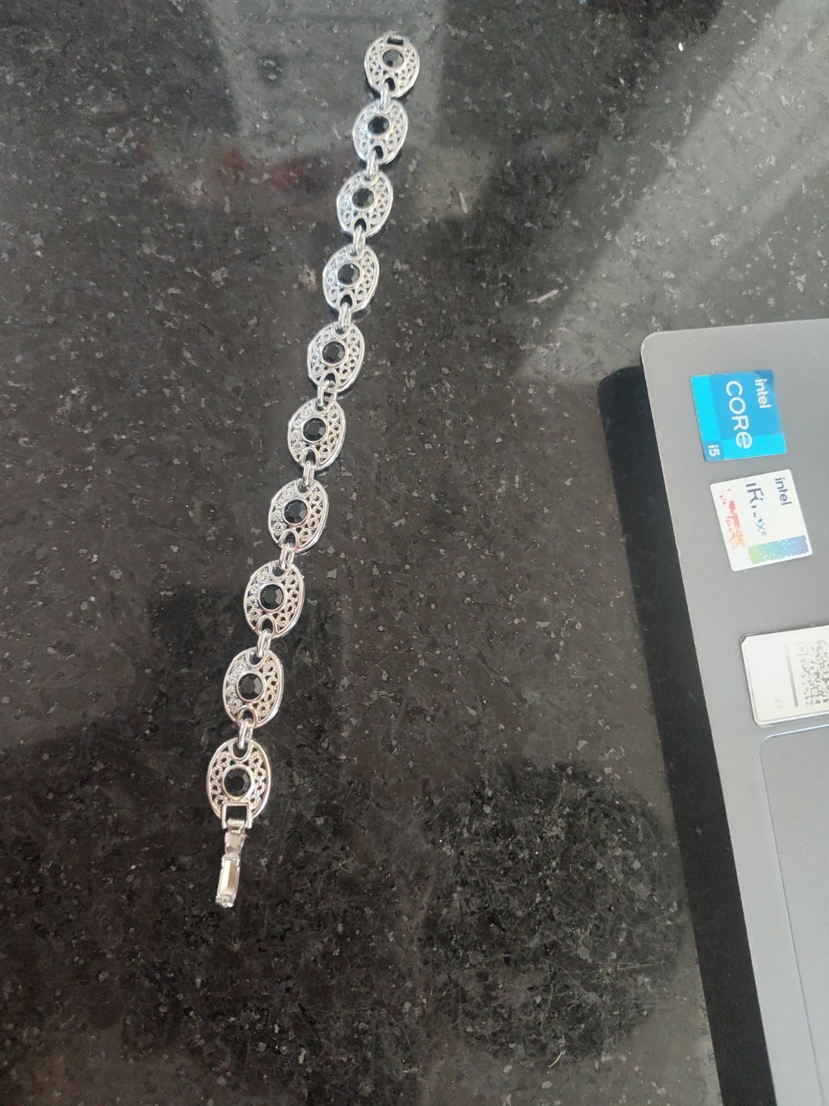 Vintage EMMONS Silver Tone Bracelet with Black Faceted Crystals 7 inches