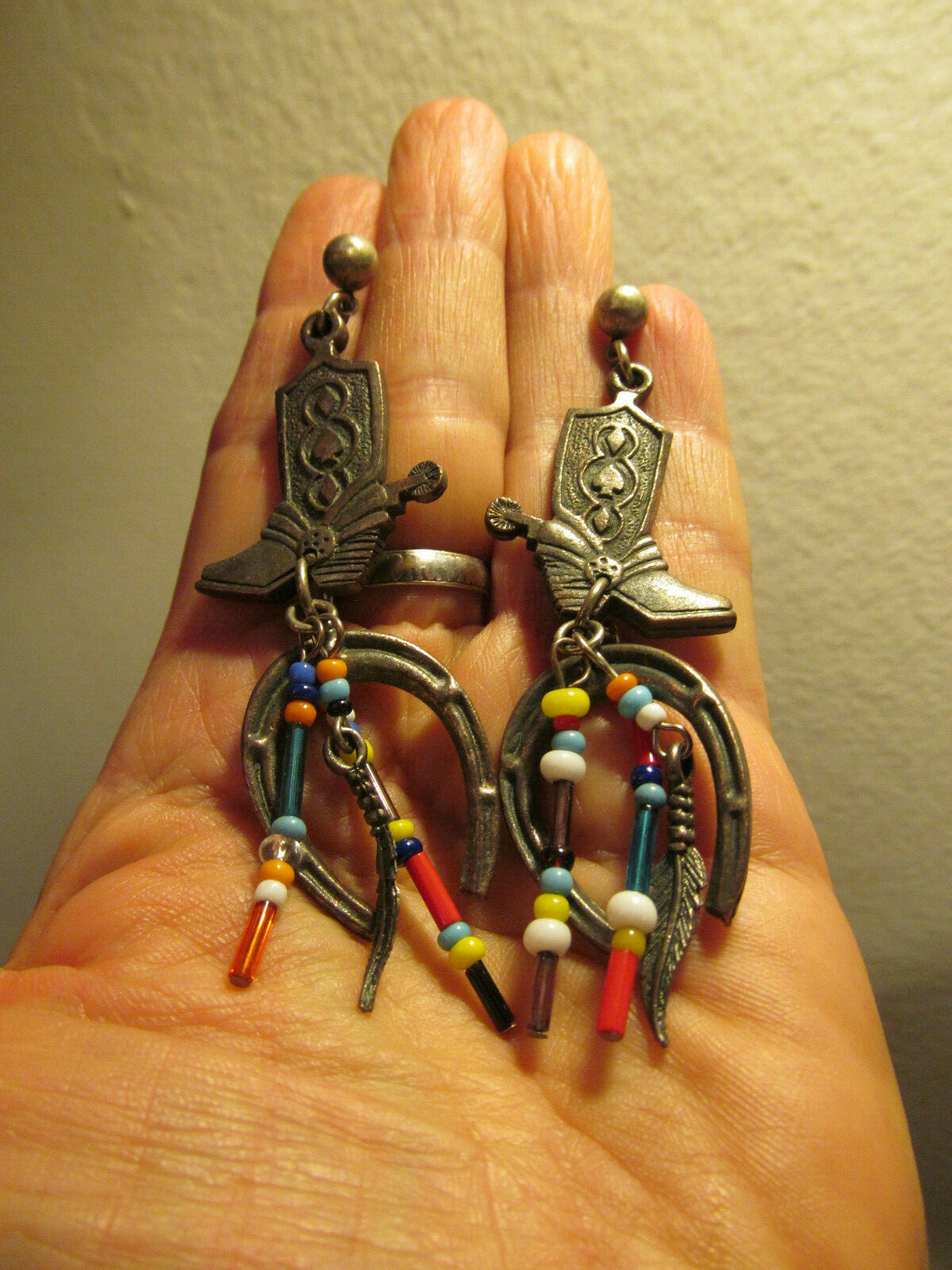 Western Brass tone Cowboy boots Horseshoe Feather Colorful beads Stud Earrings