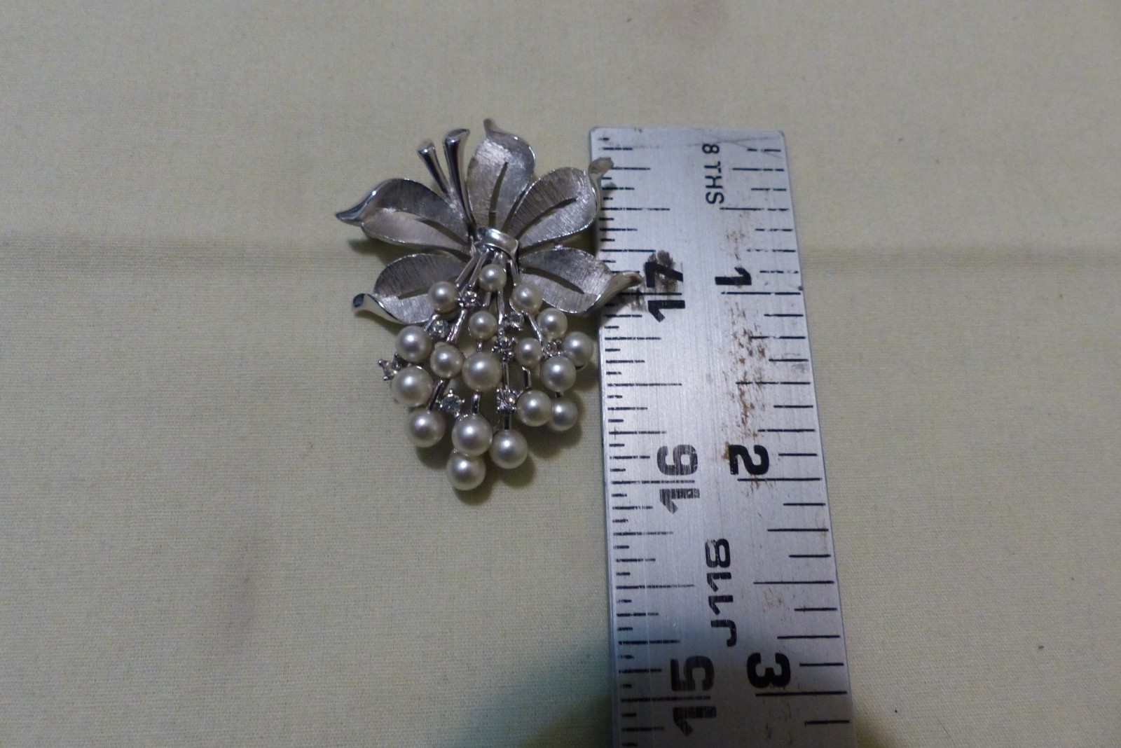 Vintage Crown TRIFARI Slver-Tone Rhinestone / Faux Pearl Brooch and Clip Earings