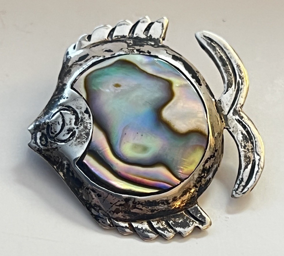 Vintage Taxco Mexico FRH 925 Sterling Silver Abalone Fish Pin Brooch Artisan Mex