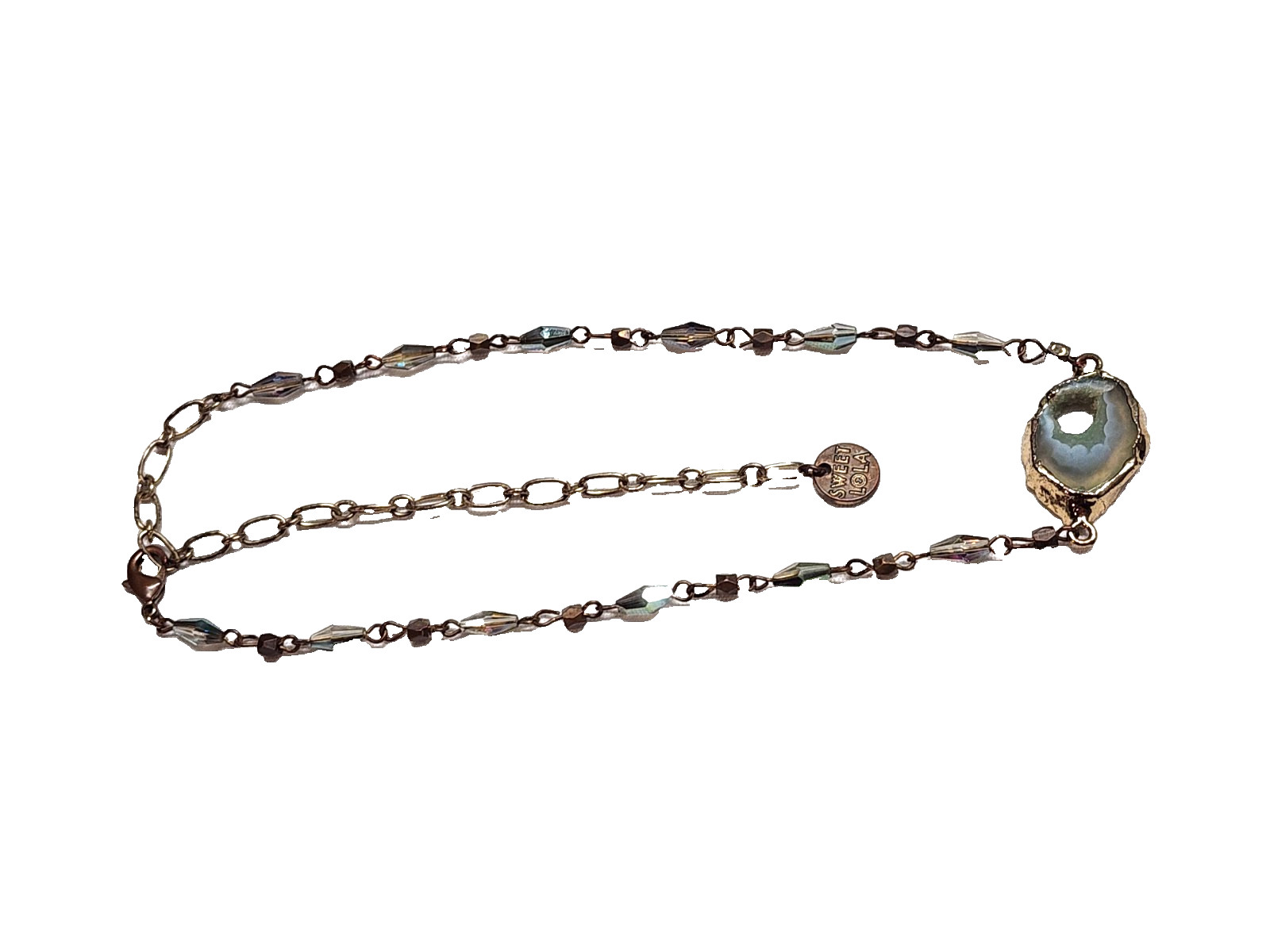 Vintage Sweet Lola Brass Blue Green Beaded Geode Pendant Necklace 17″ Choker