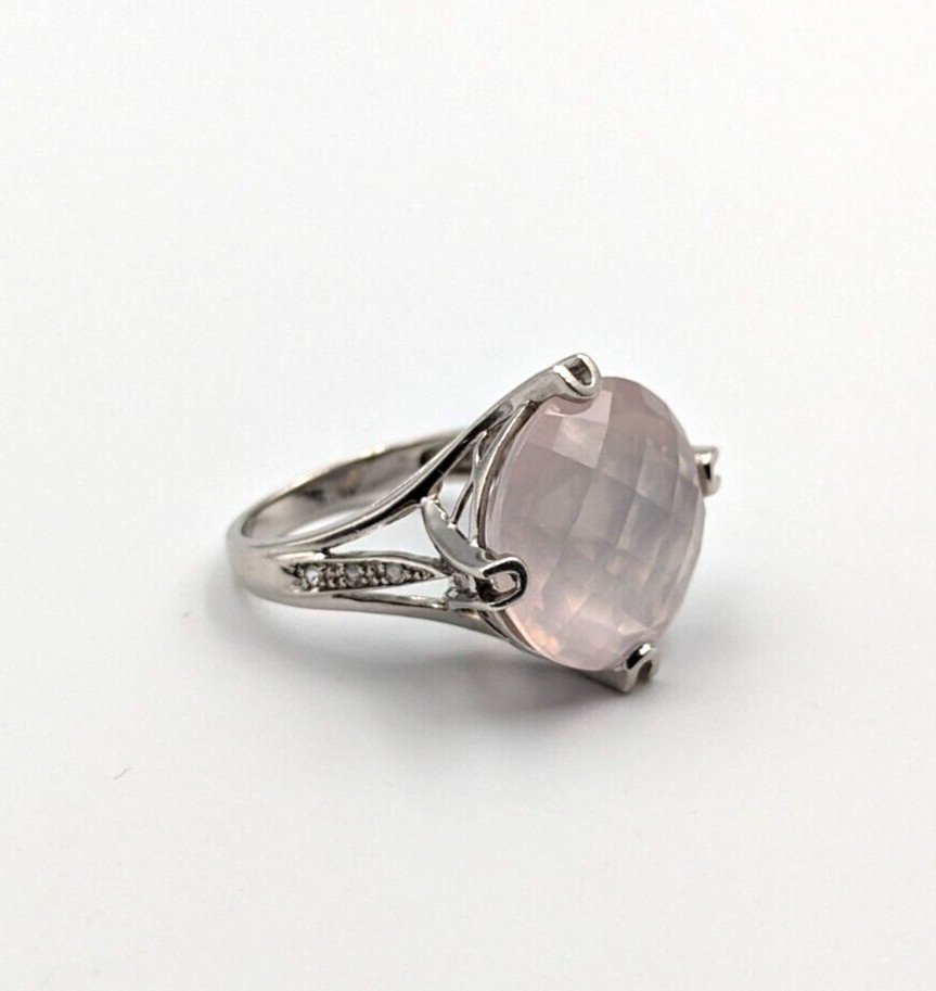 Sterling Silver 925 Checkerboard Cut Pink Chalcedony Clear Topaz Ring Sz 6