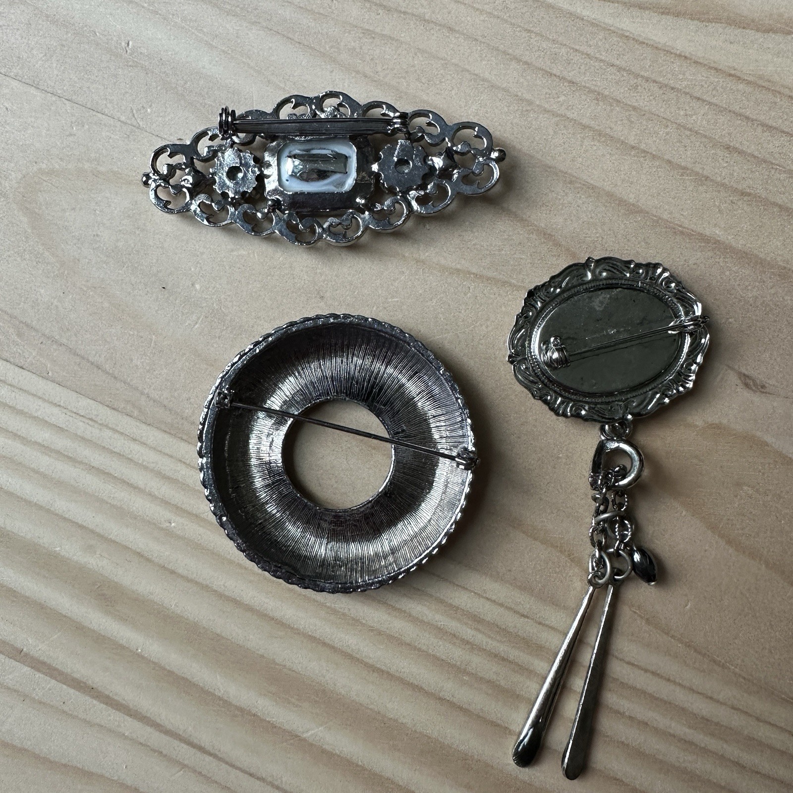 3 Vintage Brooch Pins Geometric Rhinestones Silver Tone Fashion Jewelry Lot