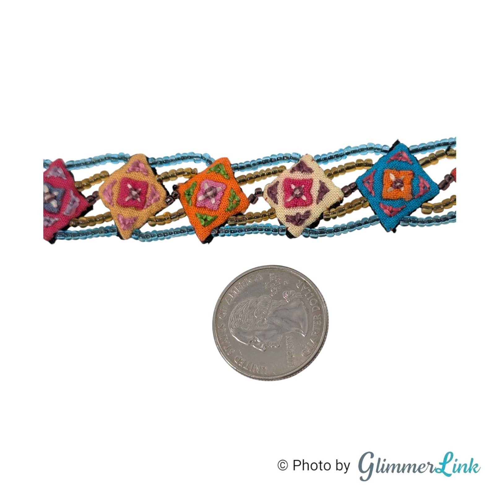 Vintage Beaded Bracelet Embroidered Textile Panels Boho Multicolor