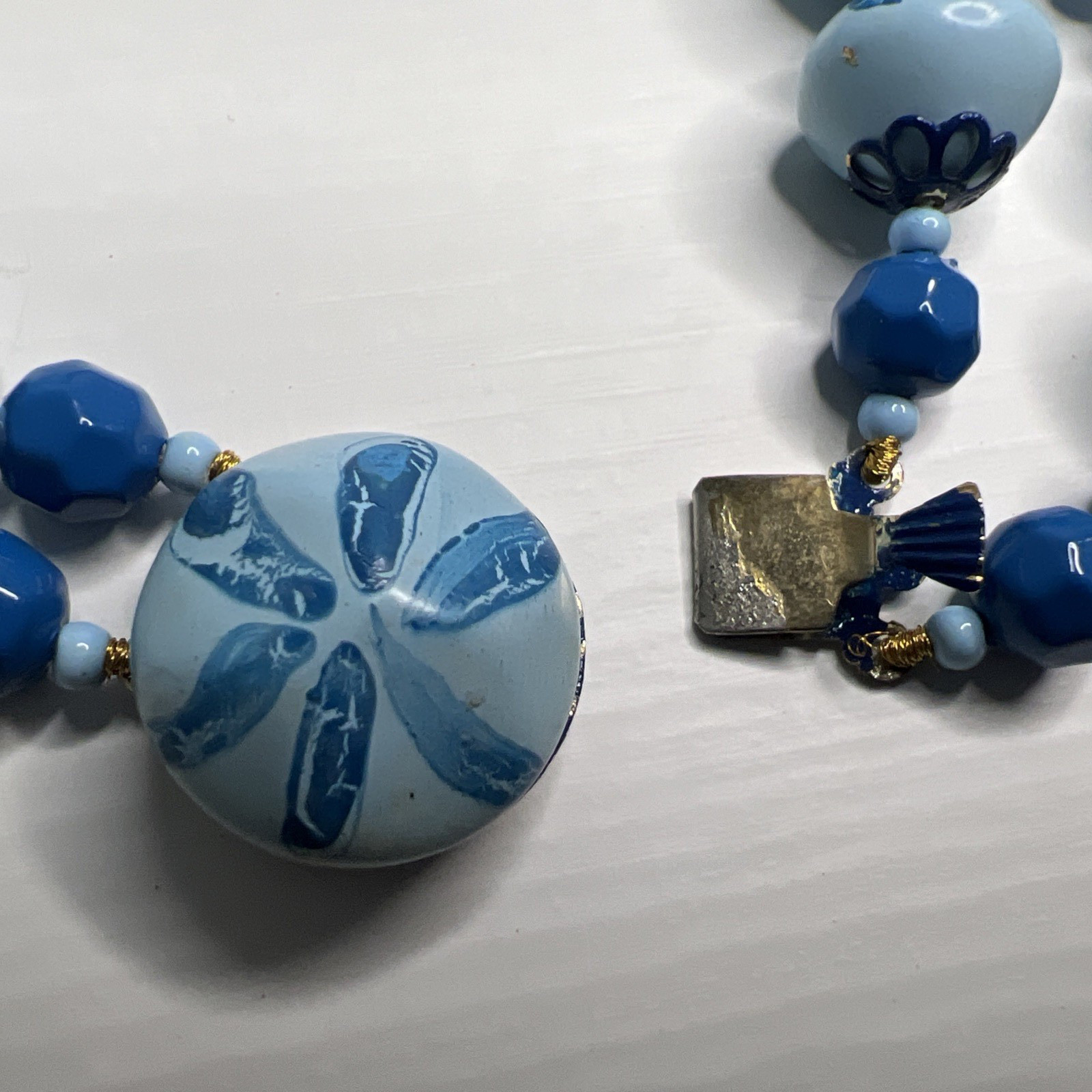 Hong Kong Blue Painted Bead Double Strand Necklace Box Tab Clasp