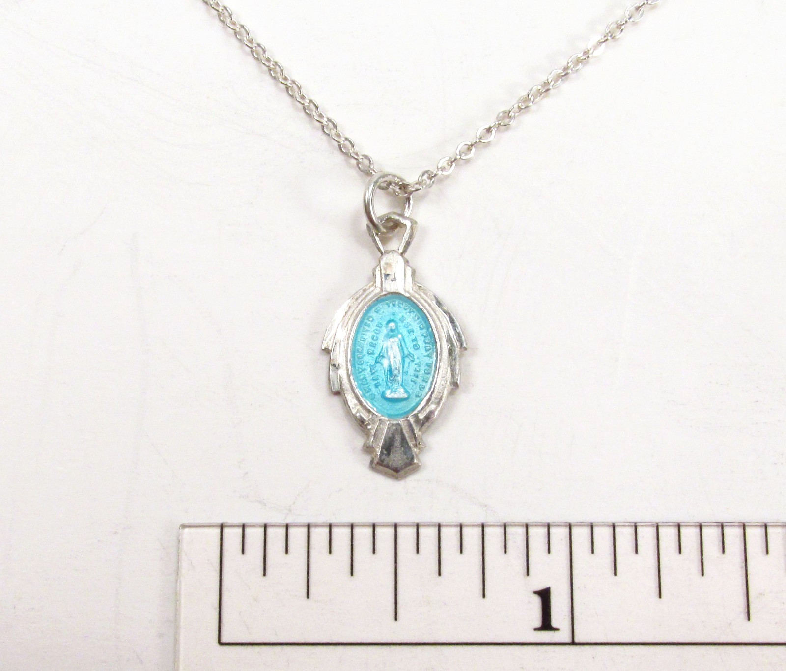 Vtg Catholic Miraculous Medal Sterling Silver Blue Enamel Art Deco Necklace 18″