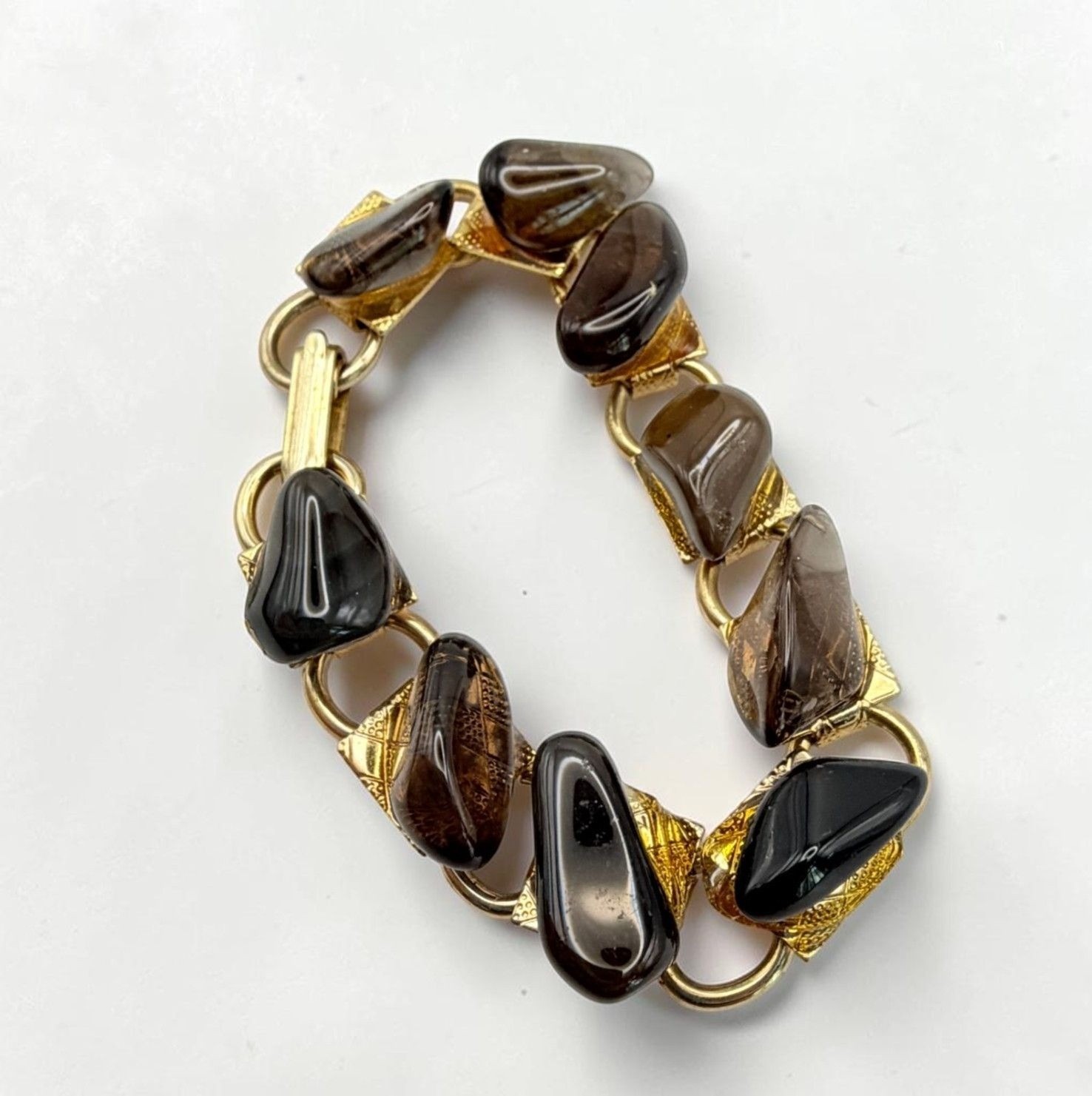 Vintage Gold Tone Chain Bracelet with Brown Stone Accents Boho Nature Retro